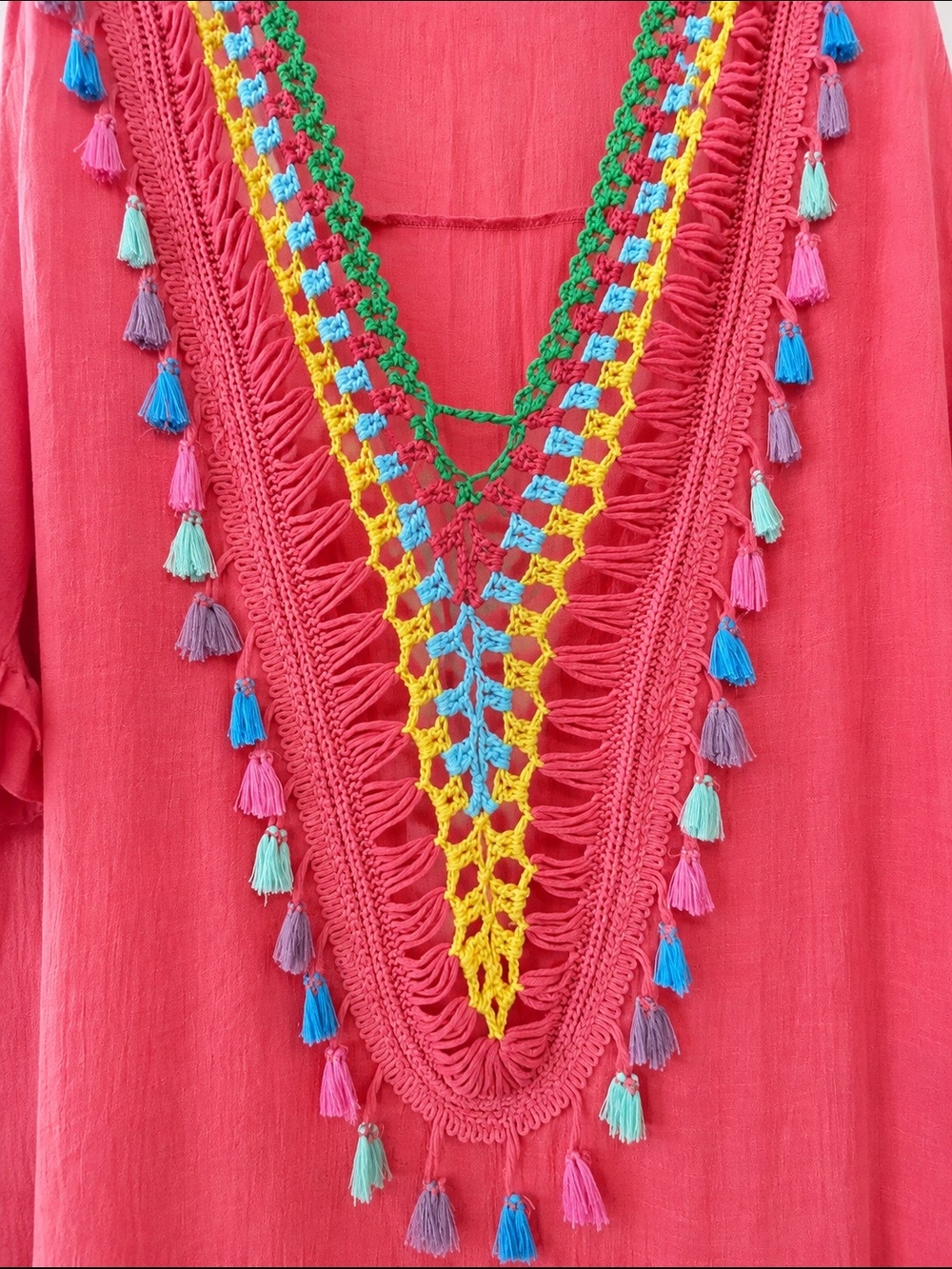 India Boutique Coral Pink Cold-Shoulder Coverup w/Multicolor Crochet & Tassels - Picture 2 of 5